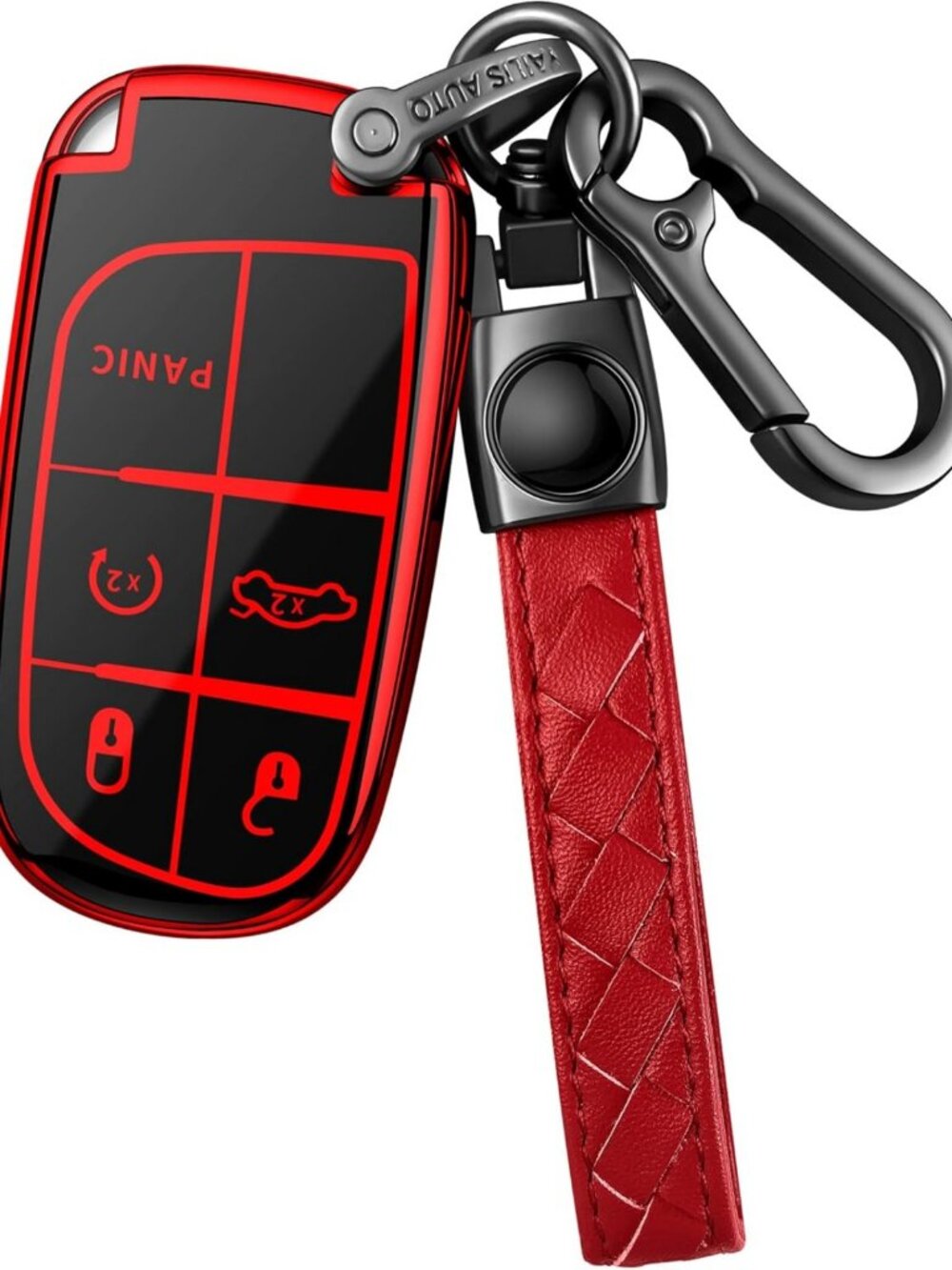 Soft TPU Key Fob Cover with Leather Keychain for Jeep, Dodge, Chrysler - Red